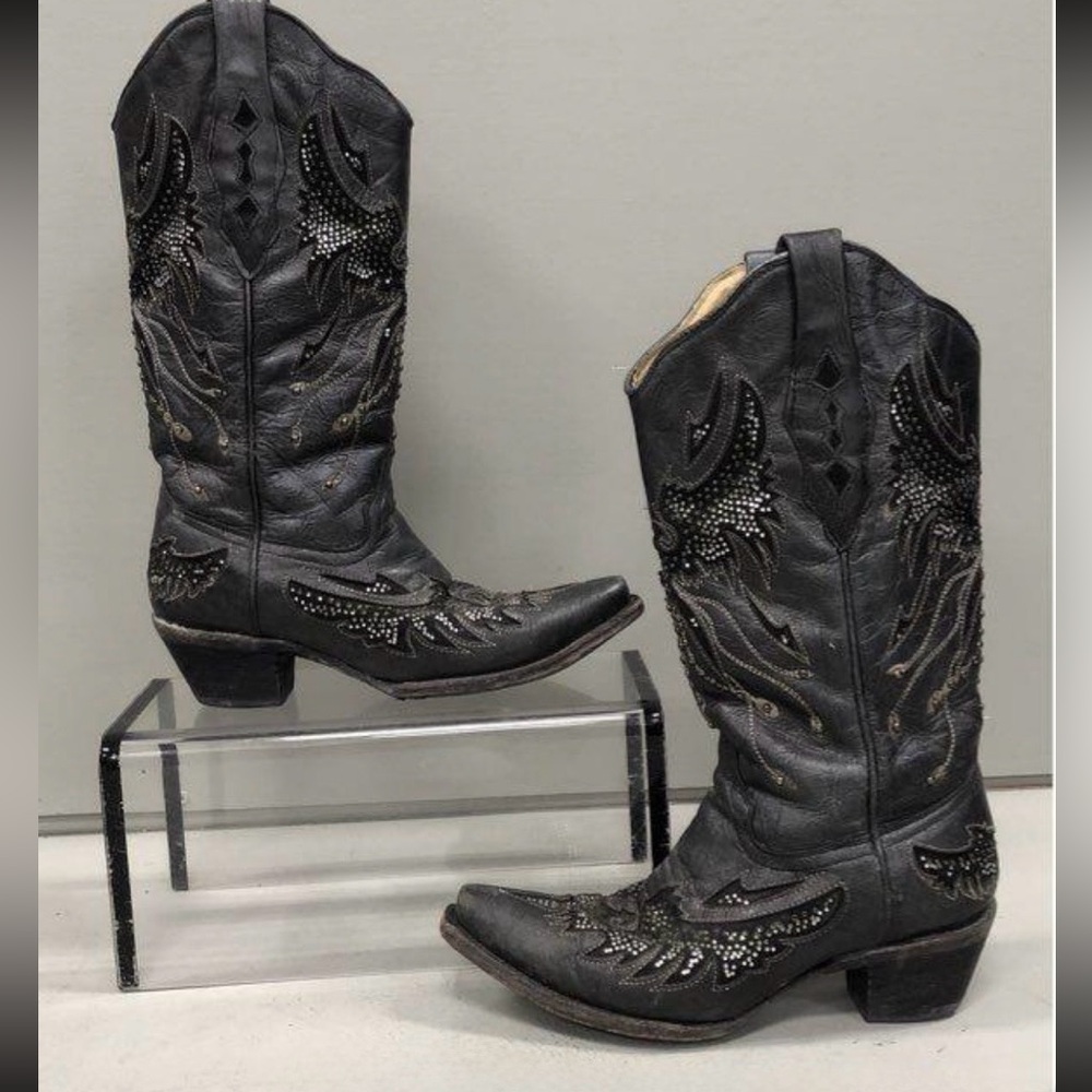 Almost Vintage Corral Blk Leather w/Glitter and Stud Inlay Boots. Size 6.5